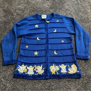 Quacker Factory women’s medium blue angels Christmas winter holiday zip sweater